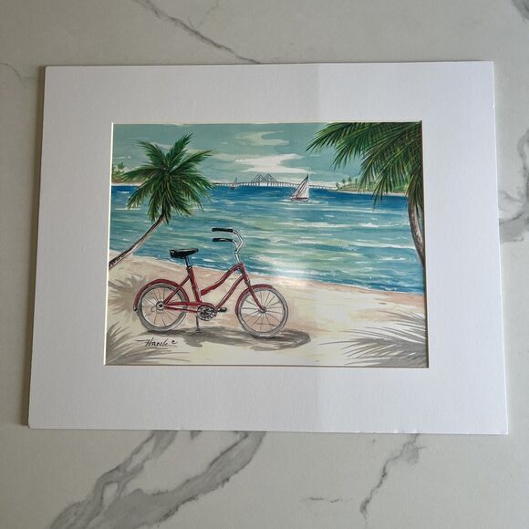 Hanh Kien Artwork Painting 20x16 with Matte Signed Beach Bike Palm Tree Sailboat - Picture 1 of 10